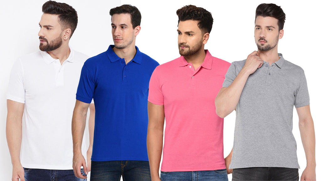 Pack of 4 men's multicolor cotton blend polo T-shirts with solid colors, half sleeves, and regular fit, perfect for casual wear.