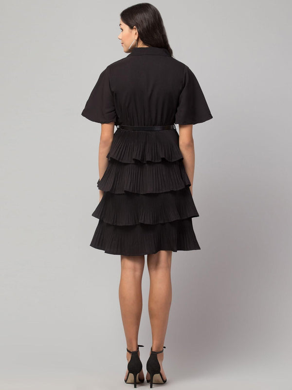 Black crepe shirt collar flared short dress by Oceanista with knee-length fit & flare design.