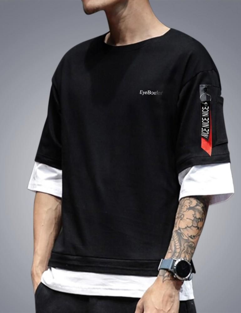 Black and white color block men's round neck T-shirt with regular fit.