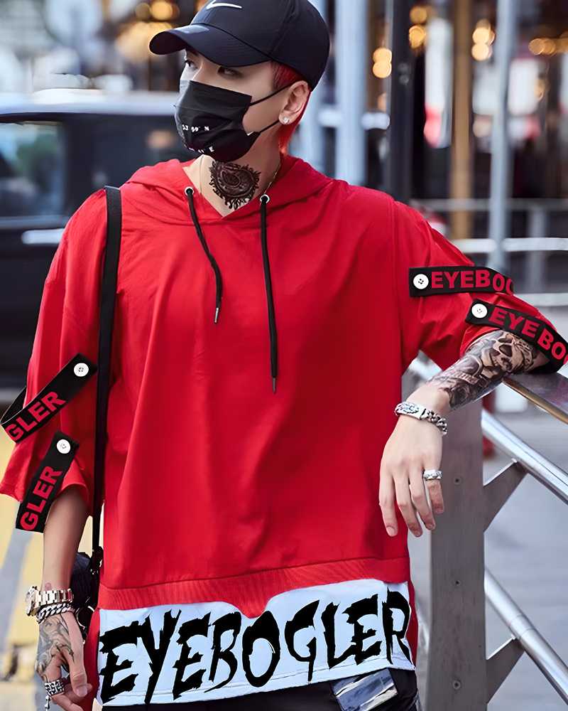 Red cotton blend printed men's hooded T-shirt with half sleeves and a regular fit, perfect for casual wear.