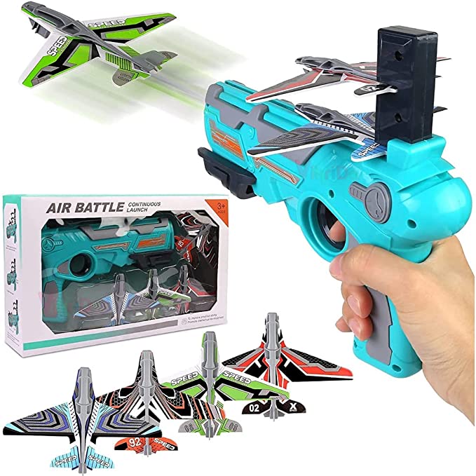 Airplane Launcher Toy with Catapult Gun and 4 foam planes, designed for children to launch and fly lightweight aircrafts, providing fun and active play.