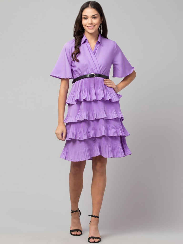 Lavender crepe shirt collar flared short dress by Oceanista with knee-length fit & flare style.