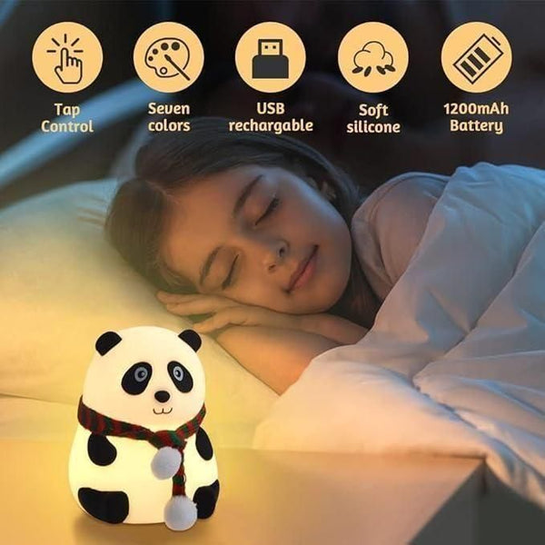 Cute panda silicone light lamp with touch sensor and 7 soothing color options, perfect for kids' bedrooms or nurseries.