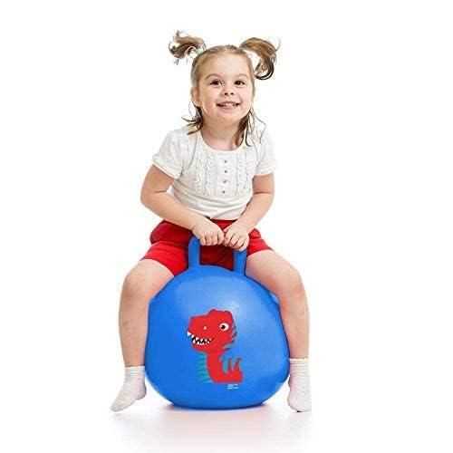 A smiling child sits on a blue hopper ball with a red dinosaur graphic.