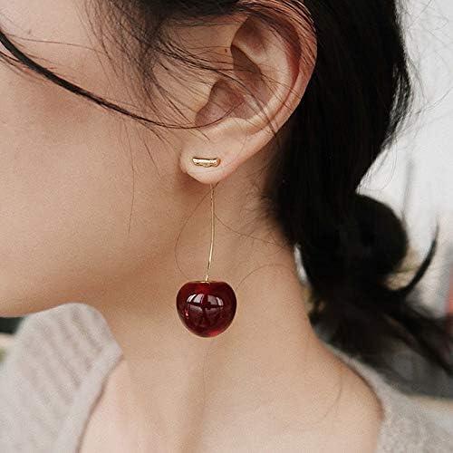 Front view of  3D Red Cherry Drop Earrings Cute Fruit Gold Dangle Earrings