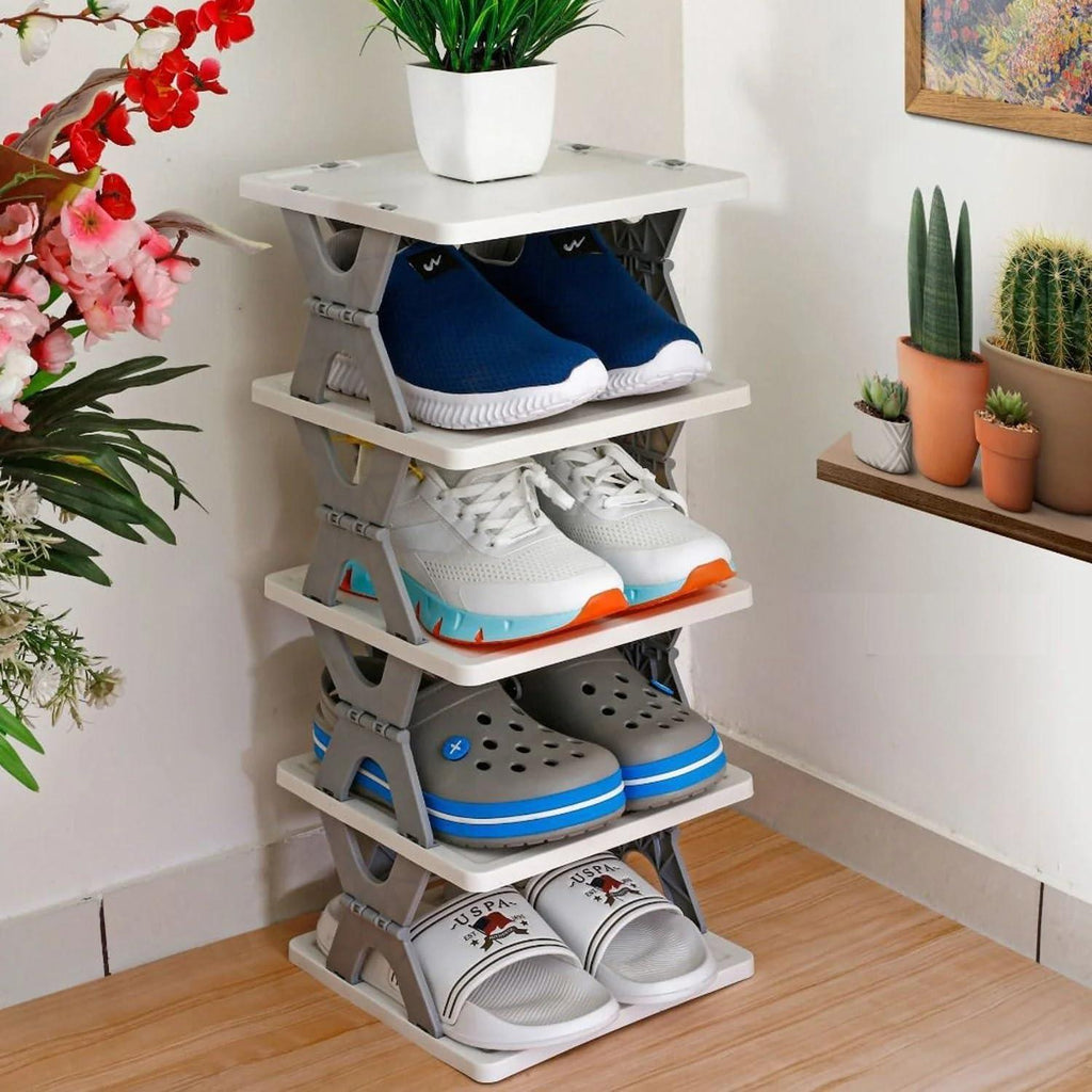 Side view profile of the corner smart foldable shoes shelf, highlighting the compact and space saving structure.