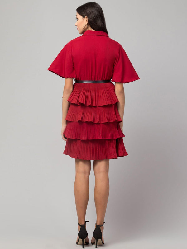 Red crepe shirt collar flared short dress by Oceanista with knee-length fit & flare style.