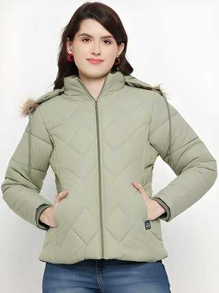 "Women's solid green winter parka jacket made from polyester."
