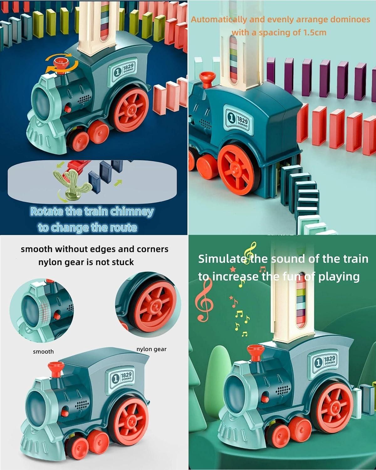 A promotional image showing a toy train that automatically arranges dominoes, featuring a rotating chimney to change direction and text describing its smooth edges, nylon gears, and sound simulation.