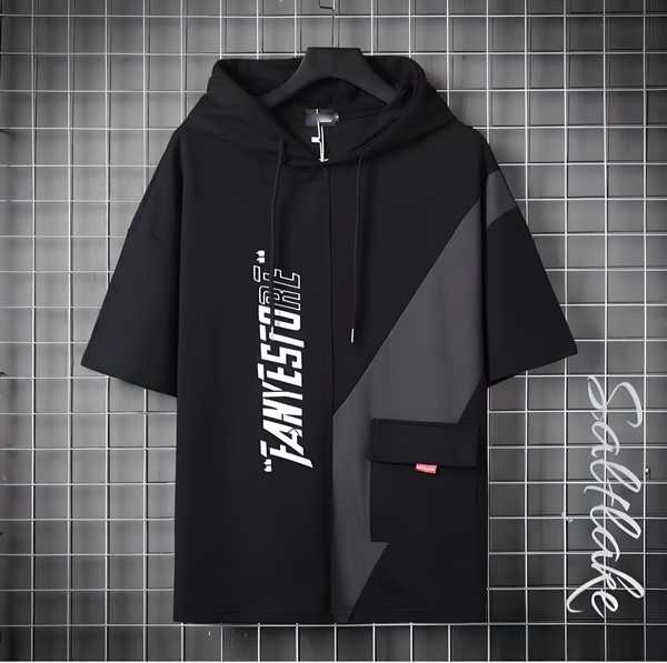 "Cotton Printed Pocket Style Hooded Neck Half Sleeves Men's T-Shirt - Black, Regular Fit, Casual Wear"







