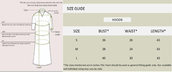 Size chart of Womens Fleece Printed Hoodie