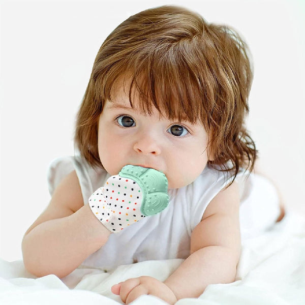 Self-Soothing Pain Relief Teething Glove for Babies, made from BPA-free, food-grade silicone, safe and comfortable, ideal for teething relief.