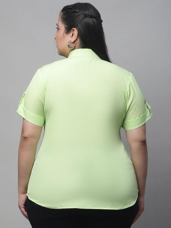 Backside view of Flambeur Womens Plus Size Solid Green Half Sleeve Casual Shirt