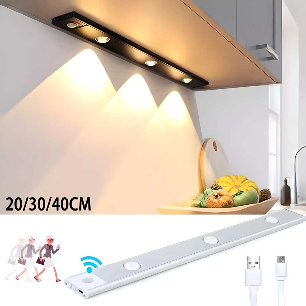 LED PIR motion sensor cabinet light, USB rechargeable with warm and neutral white lighting, energy-efficient, portable, and waterproof.