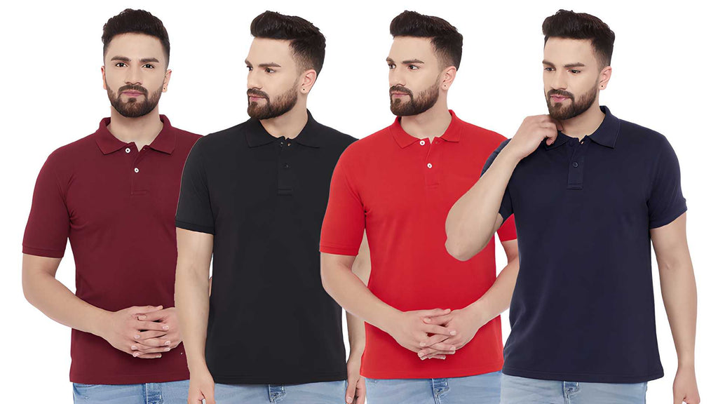 Pack of 4 men's polo neck t-shirts in multicolor solid pattern, half sleeves, regular fit.