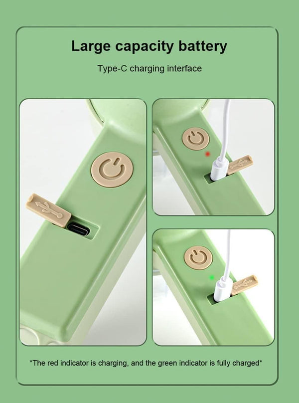 A graphic showing a green device with a power button and a Type-C charging port, illustrating charging status with red and green light indicators.