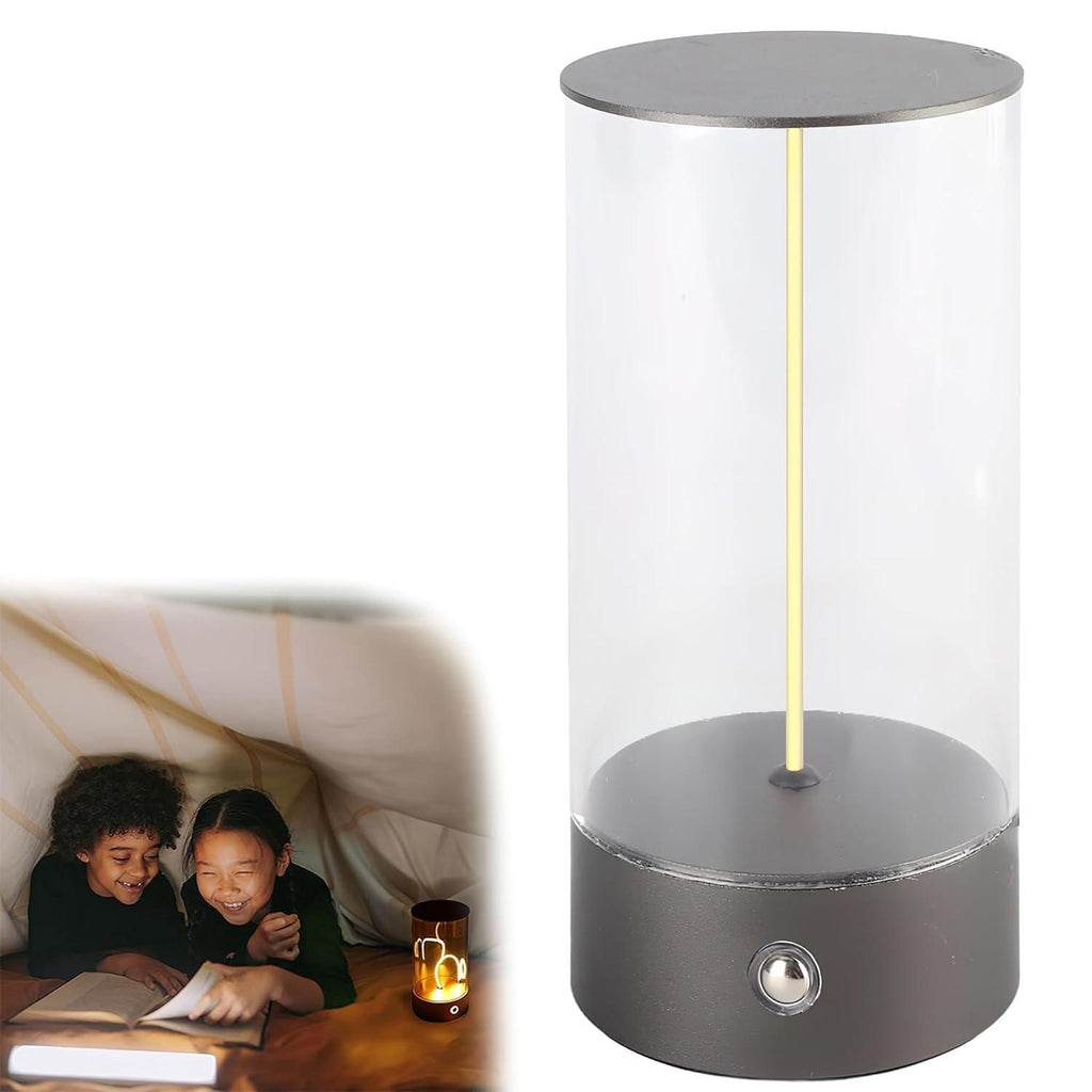 A cylindrical touch lamp with a transparent body and a metallic top and base. Inset in the lower left corner, two children are reading under a blanket with the lamp glowing beside them.