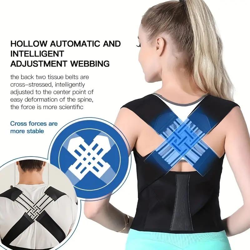 A woman wearing a black posture corrector with cross-stressed back support bands, shown from behind with graphic overlays highlighting the adjustment webbing. Text describes the scientific design for more stable spinal support.