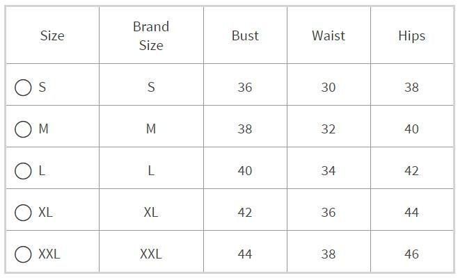 A clothing size chart with columns for Size, Brand Size, Bust, Waist, and Hips, listing measurements for S, M, L, XL, and XXL.