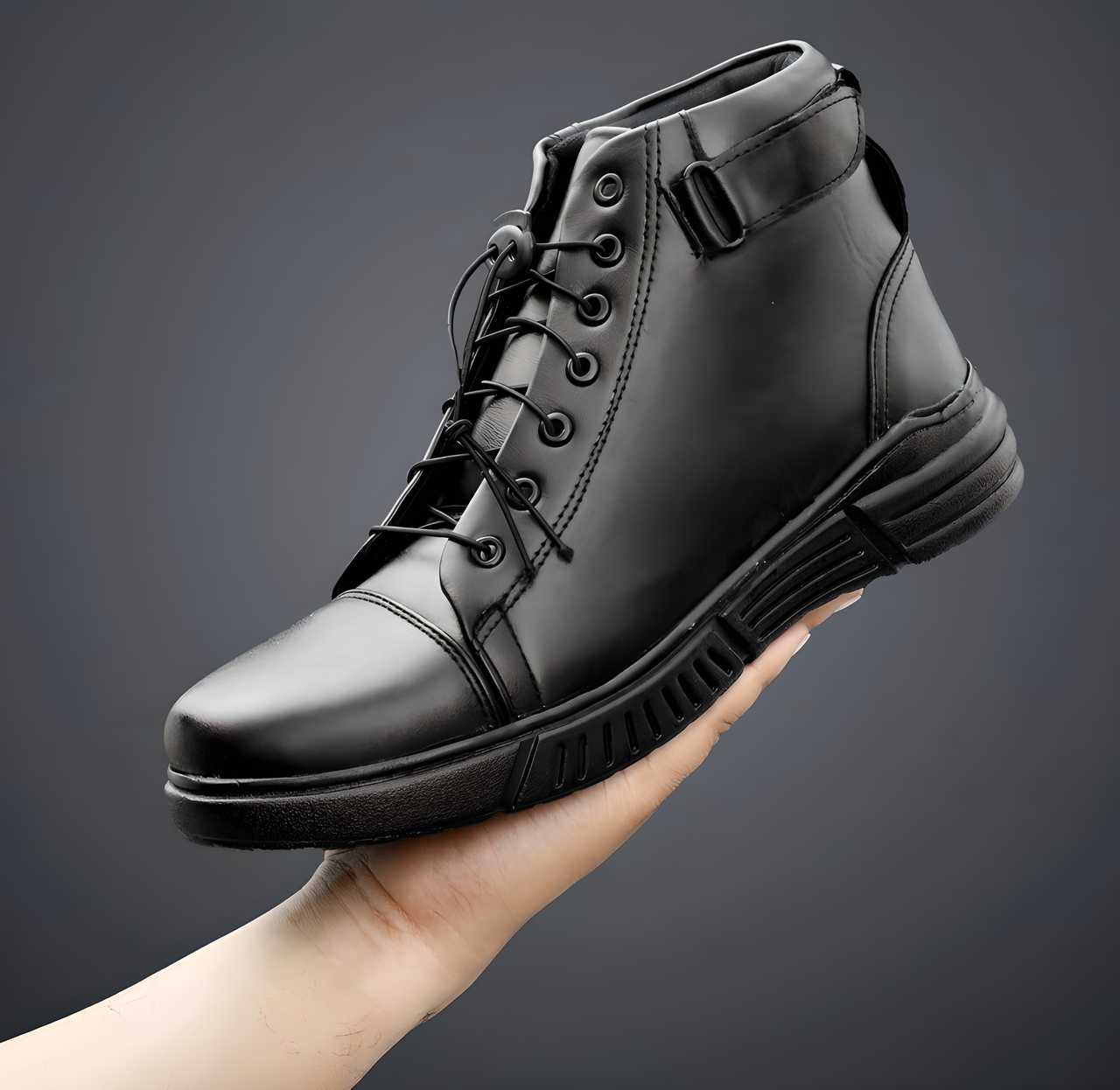 A hand holding a black leather high-top shoe with black laces.