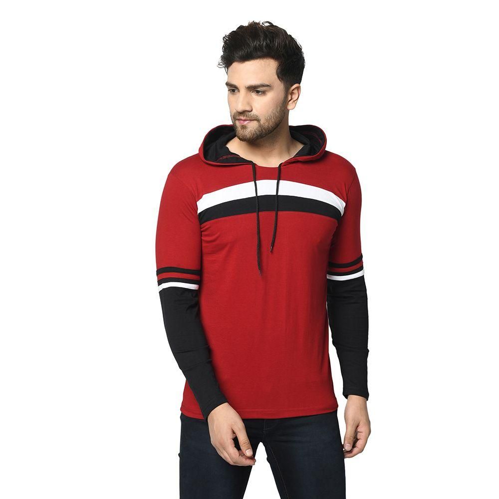 Mens Cotton Color Block Maroon Full Sleeves Hoodie