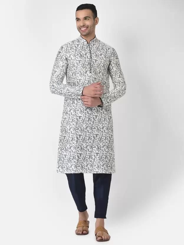 AHBABI Men's Printed Dupion Silk Kurta Pyjama Set White-Nvayblue Success