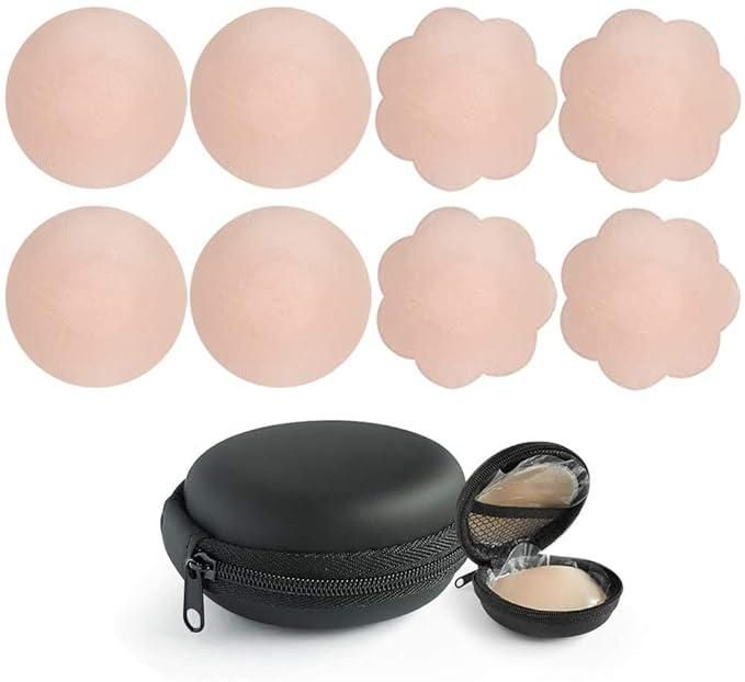 4 pairs of reusable silicone adhesive nipple covers with storage case, available in random colors, free size."






