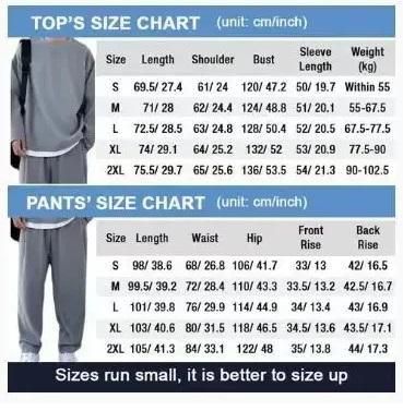 A size chart for tops and pants with measurements in centimeters and inches, recommended to size up.