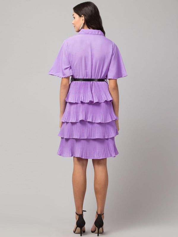 Lavender crepe shirt collar flared short dress by Oceanista with knee-length fit & flare style.