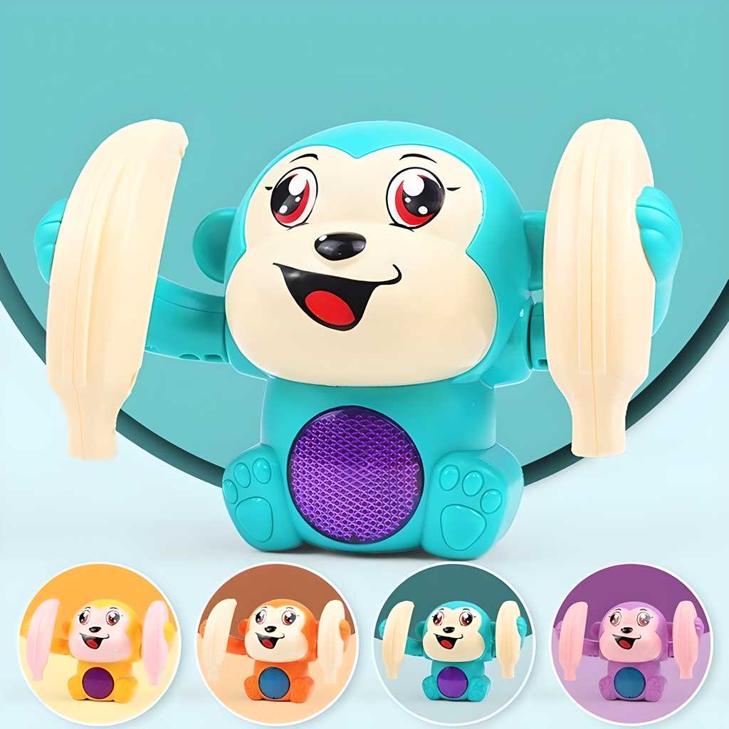 Dancing and Spinning Rolling Doll Tumble Monkey Toy with voice control, music, light effects, and 360° rotating arms, safe and non-toxic, perfect for babies."