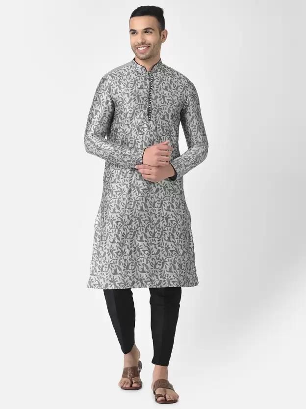 AHBABI Mens Printed Dupion Silk Kurta Pyjama Set Silver-Black