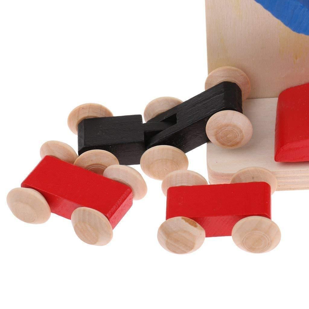 Wooden race track car ramp toy set for kids, colorful design with small cars.
