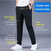 A person wearing black jogger pants with highlighted features such as elastic rubber waist, straight leg, and figure-hugging design.