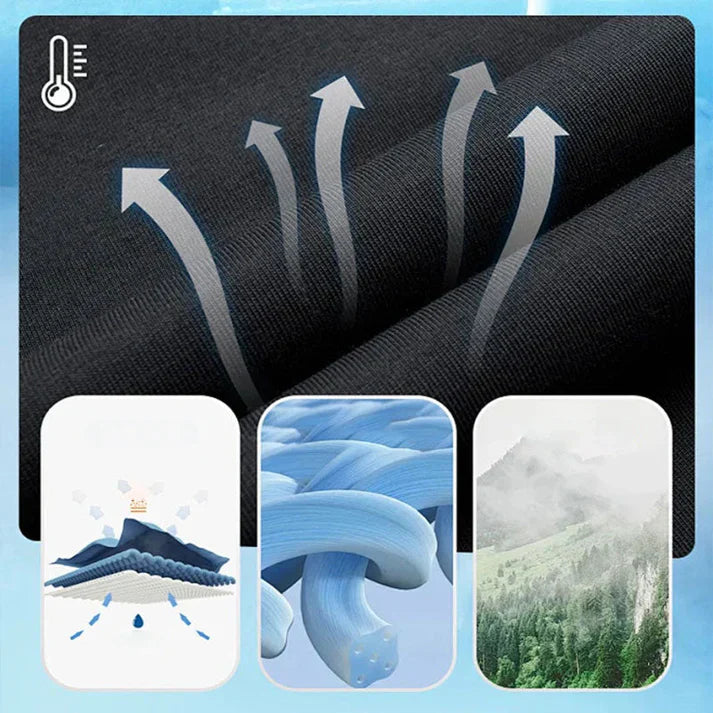 Illustration showing breathable fabric with arrows indicating airflow, accompanied by three smaller images representing softness, moisture wicking, and freshness.