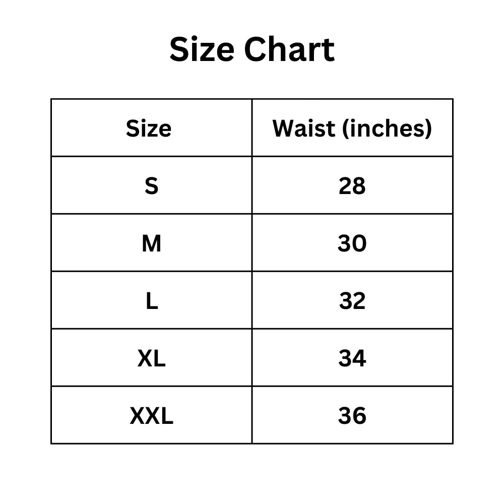 A size chart showing sizes S to XXL with corresponding waist measurements in inches: S is 28, M is 30, L is 32, XL is 34, XXL is 36.