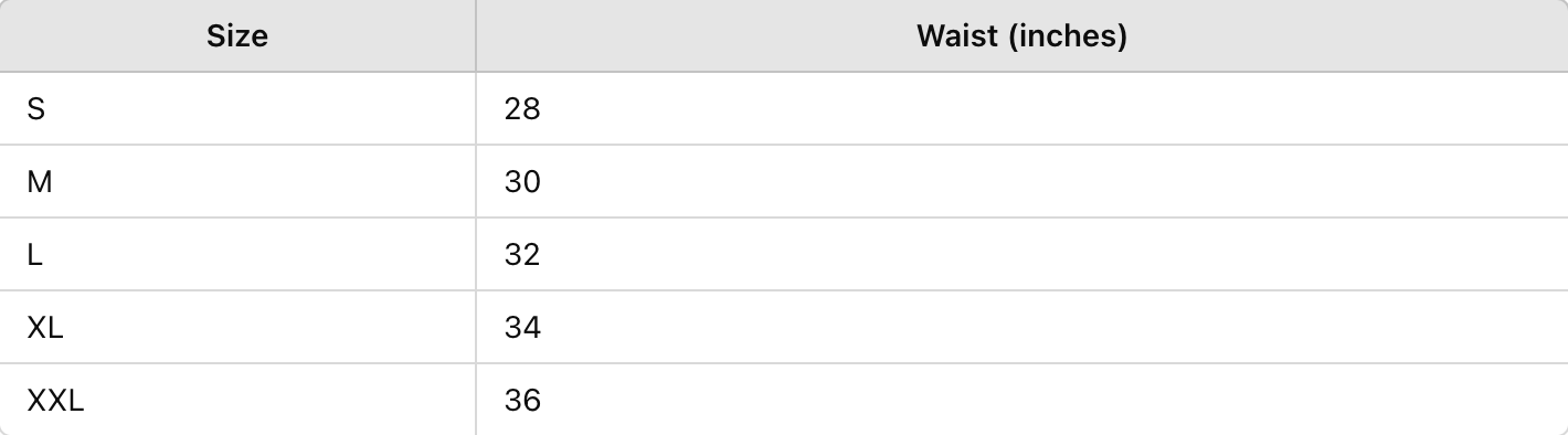 A size chart in a table format showing waist measurements in inches for sizes S to XXL.