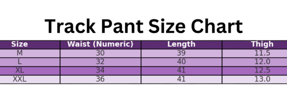 A track pant size chart listing M, L, XL, and XXL sizes with corresponding waist, length, and thigh measurements.