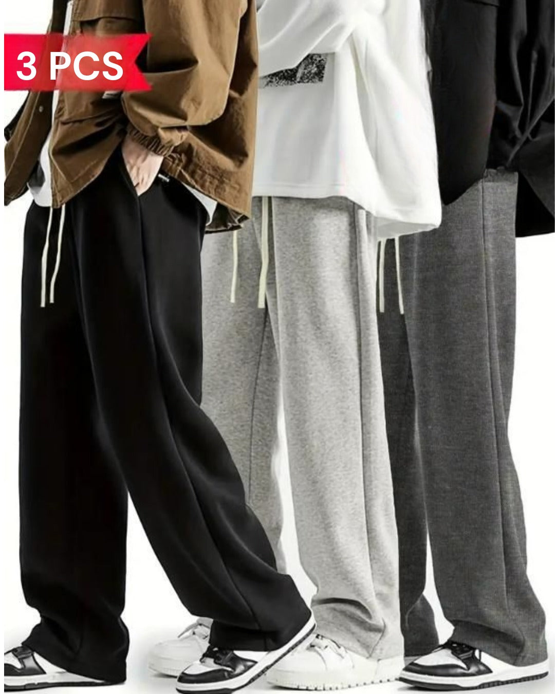 Three people wearing loose-fit sweatpants in black, light gray, and dark gray colors, with sneakers visible.