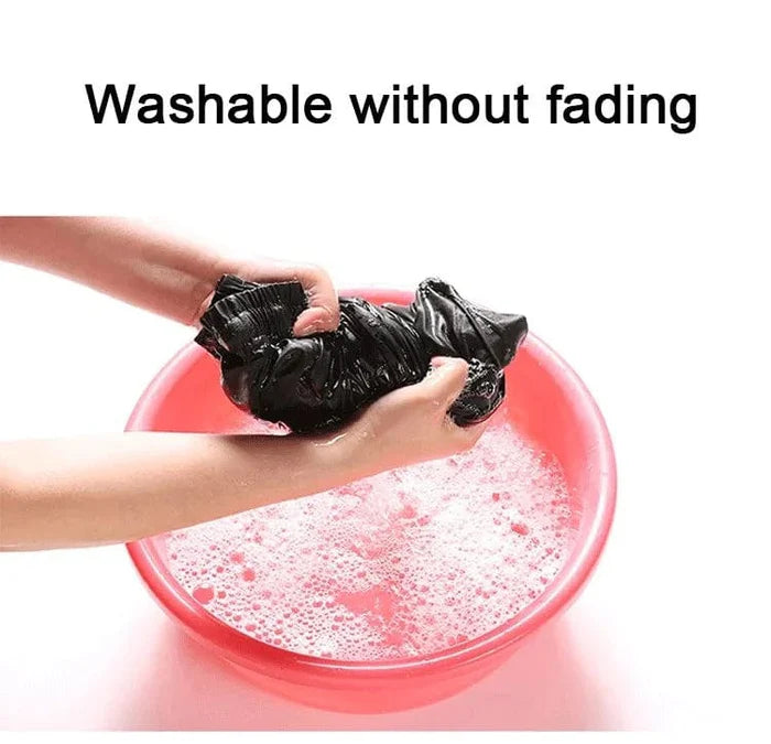 Hands wringing out a black garment over a pink basin of soapy water, with text that reads 'Washable without fading.'