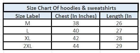 Mens Fleece Printed Full Sleeves Sweatshirt size chart