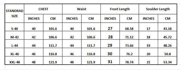 Lycra Printed Mens Shirt size chart