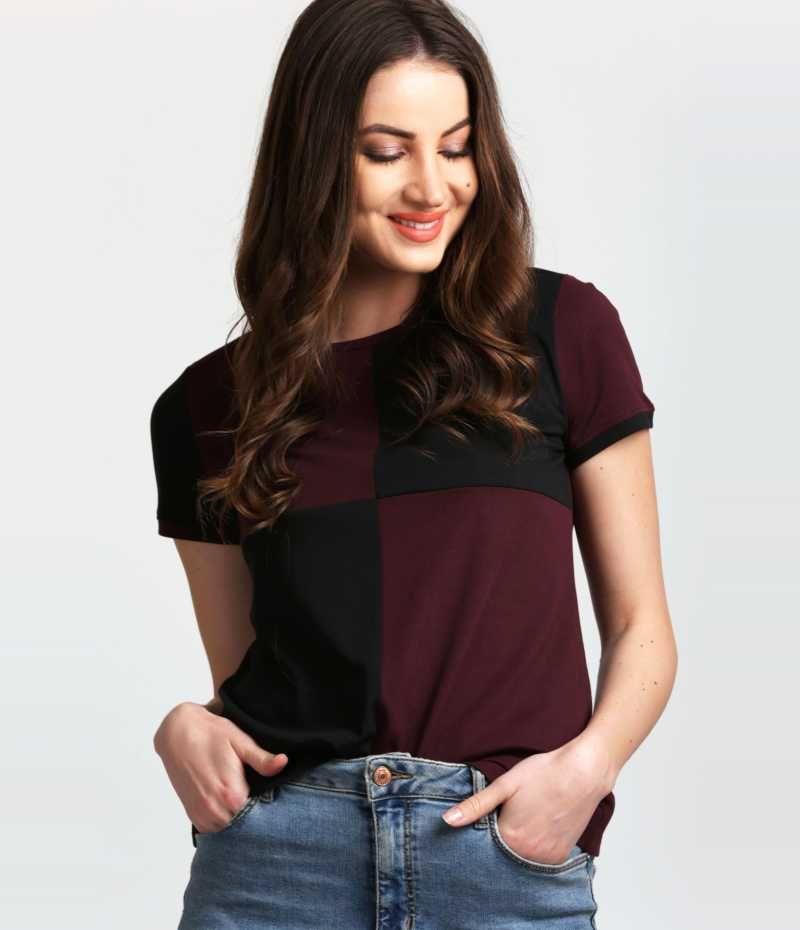 Womens Cotton Blend Color Block T-Shirt