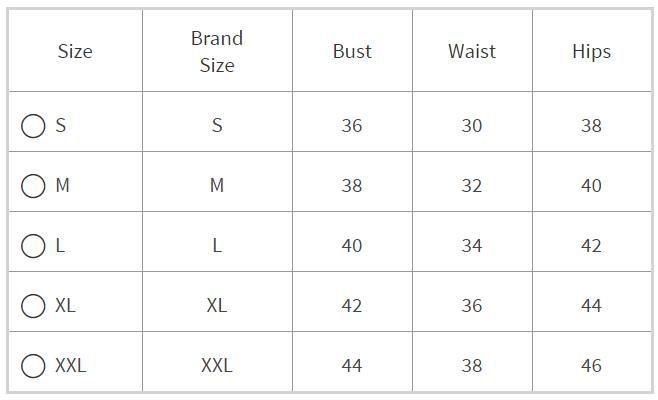 A size chart for clothing with sizes S to XXL, showing bust, waist, and hips measurements in inches.