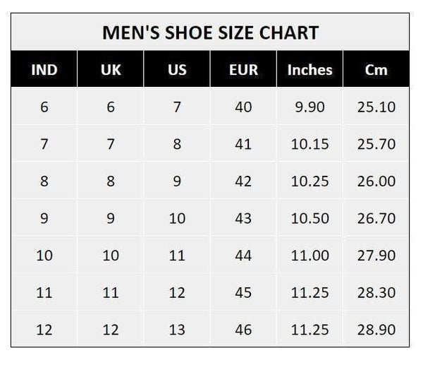 Mens Dailywear Sports Shoes size chart