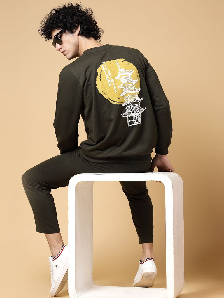 Rigo Men Army Green Oversized Printed Terry Co-ords