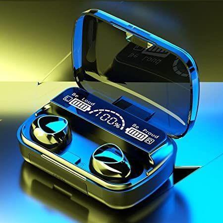 A pair of wireless earbuds in a charging case with a digital display.