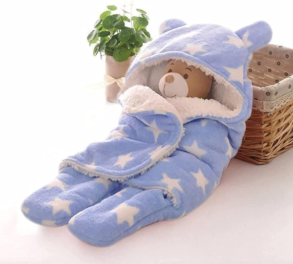 front view of Wearable blanket and star wrapper made of durable cotton for baby boys and girls