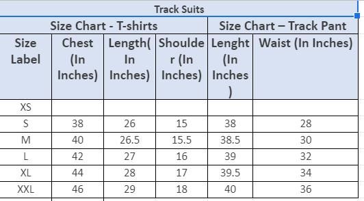 A size chart for track suits showing measurements for T-shirts and track pants in inches for sizes XS to XXL.