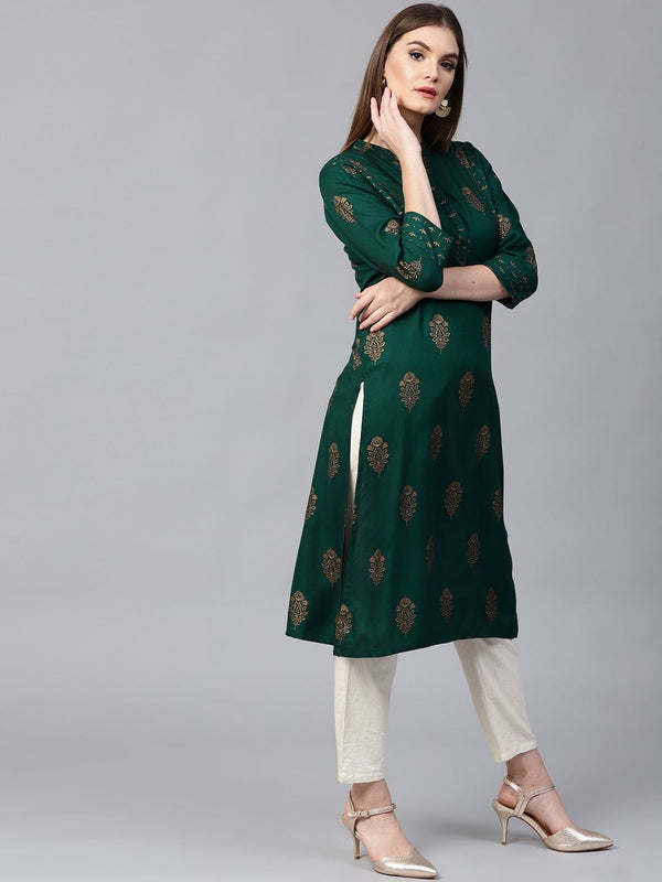 Pannkh Green Golden Print Straight Kurta