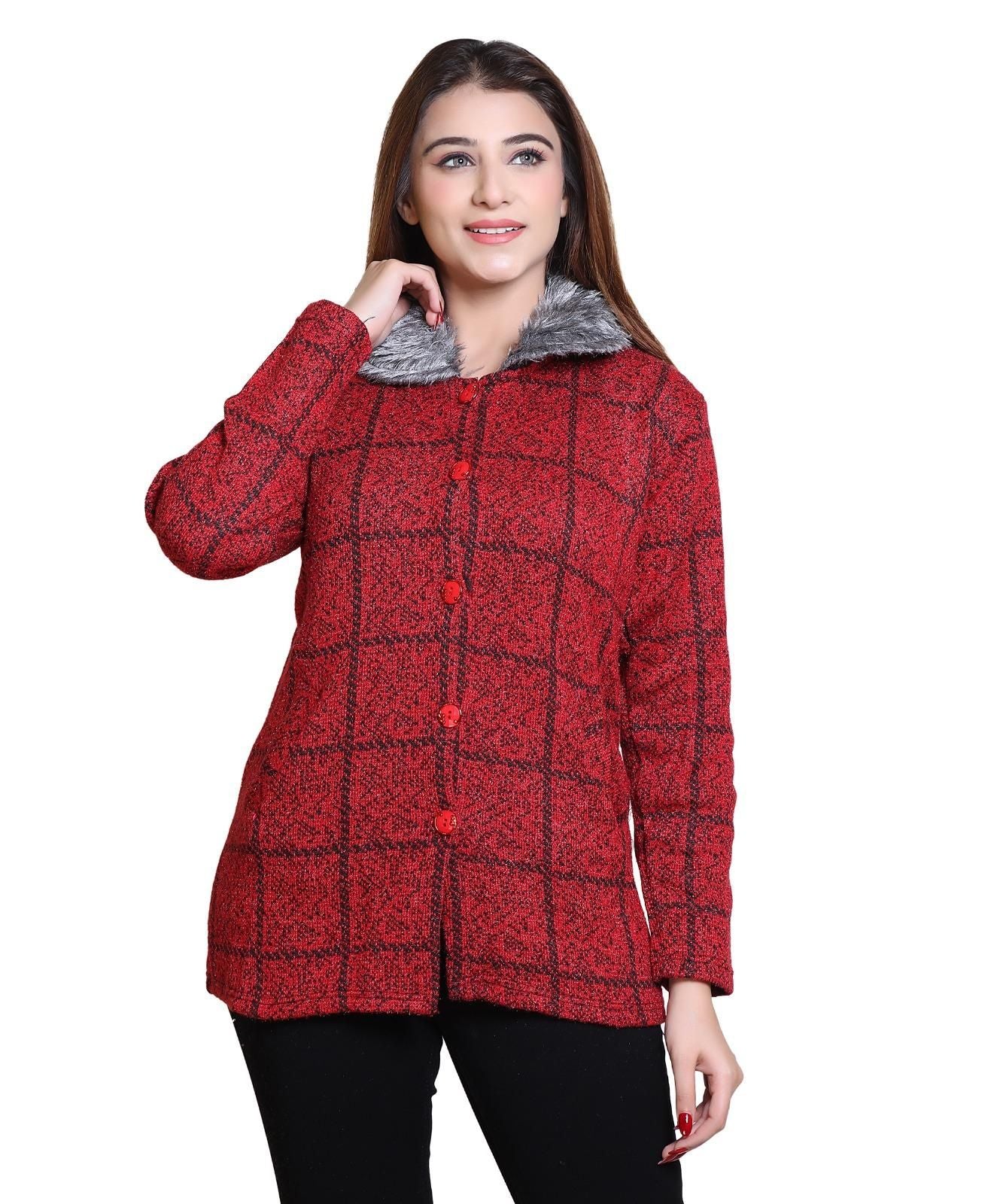 Womens Check Pattern Woolen Winter Coat